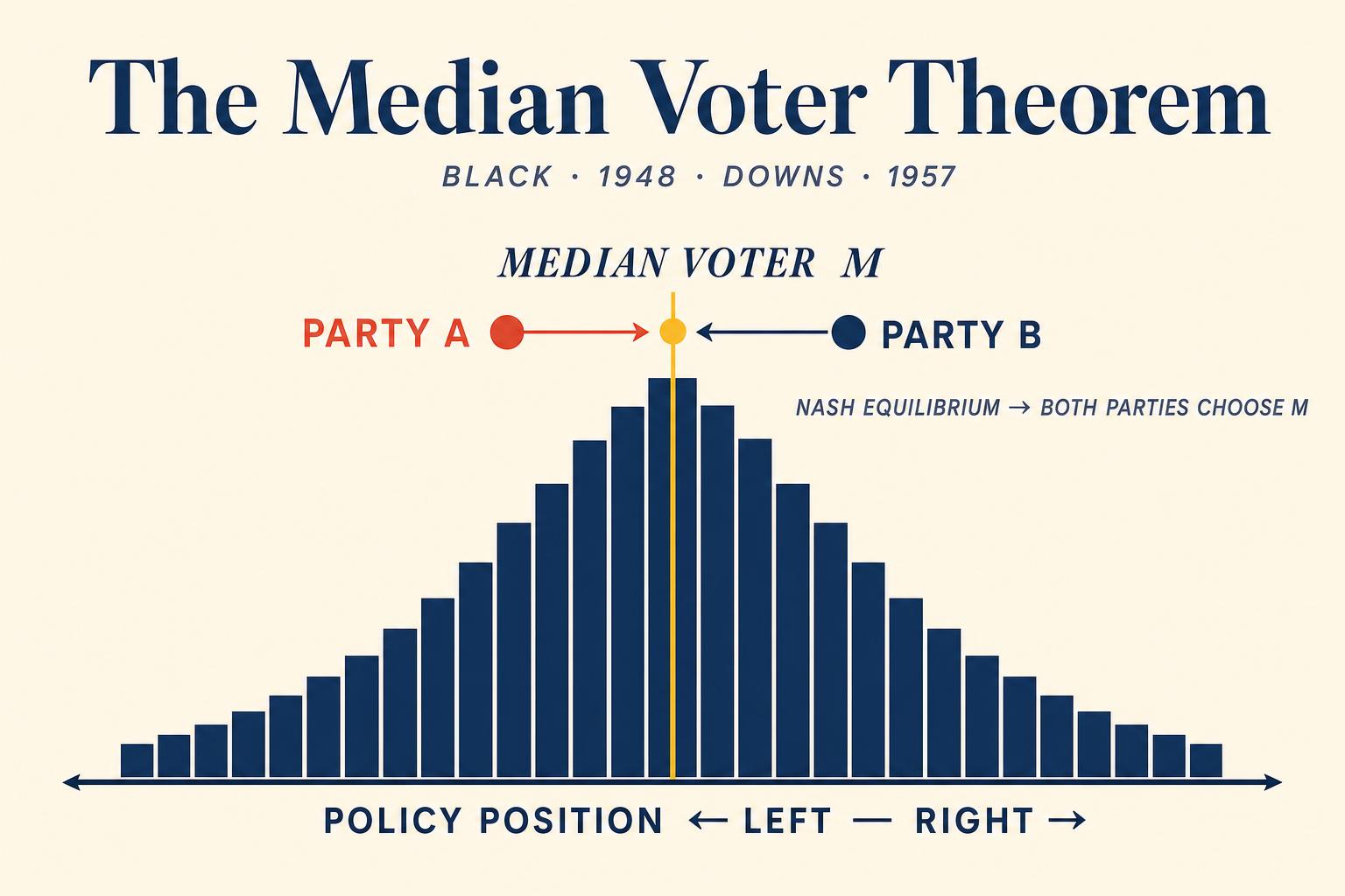 The median voter theorem. With single-peaked preferences along a single policy dimension, two vote-maximising parties converge in Nash equilibrium to the position of the median voter — Black 1948, Downs 1957. The result is famous, the assumptions strict, and the equilibrium robust enough to predict half a century of party platforms.