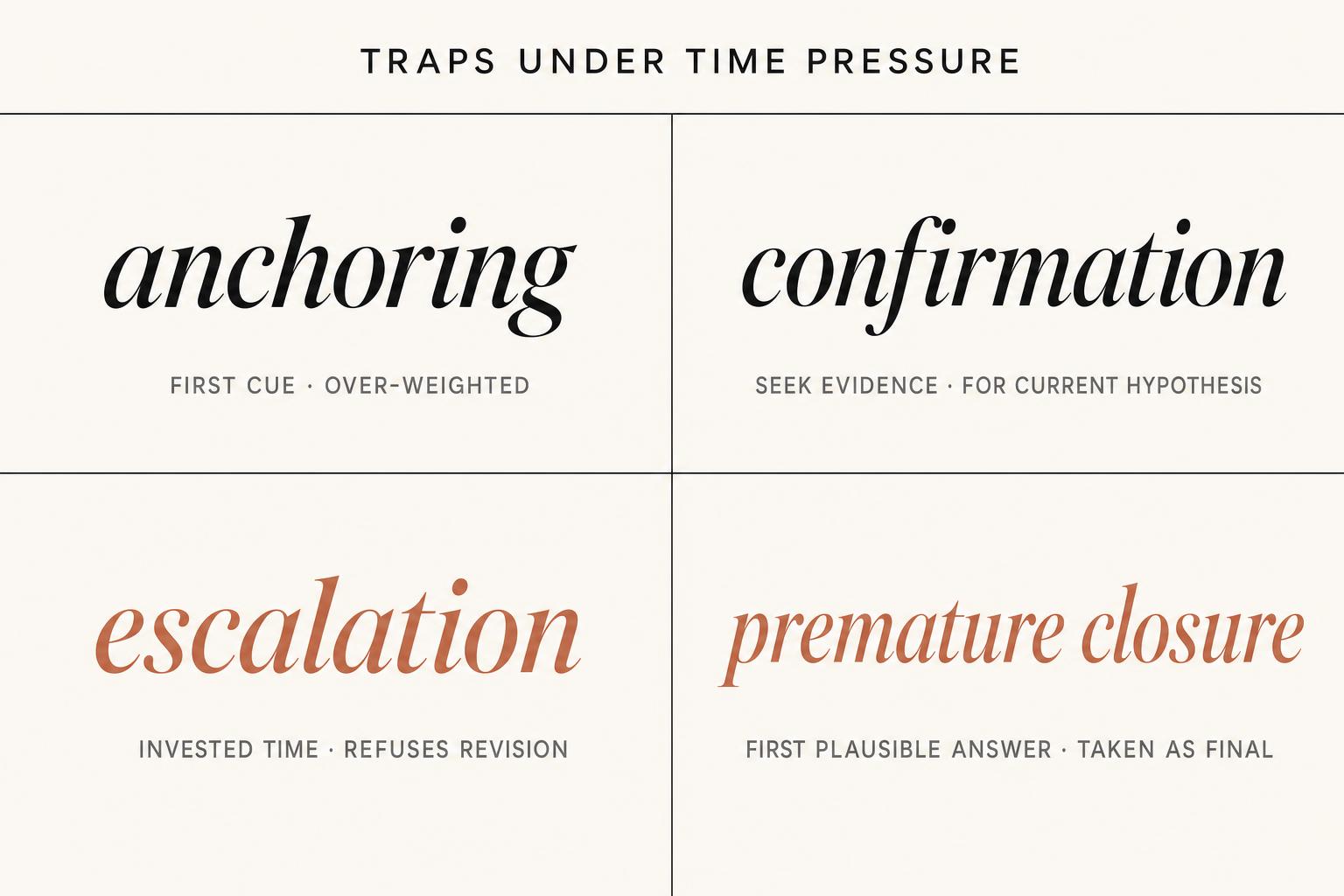 Four traps under time pressure. The decision traps that operate most reliably under crisis conditions are not exotic — they are the everyday biases of cognition, weaponised by the threshold collapse of working memory.