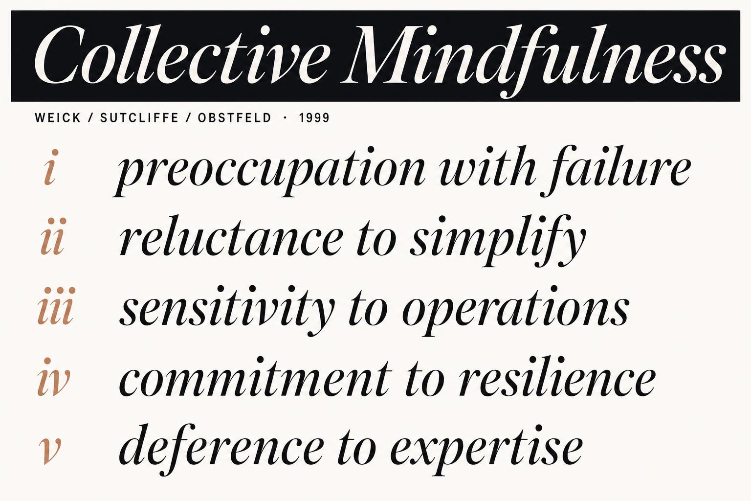 The five principles set as five italic lines flowing down the page.