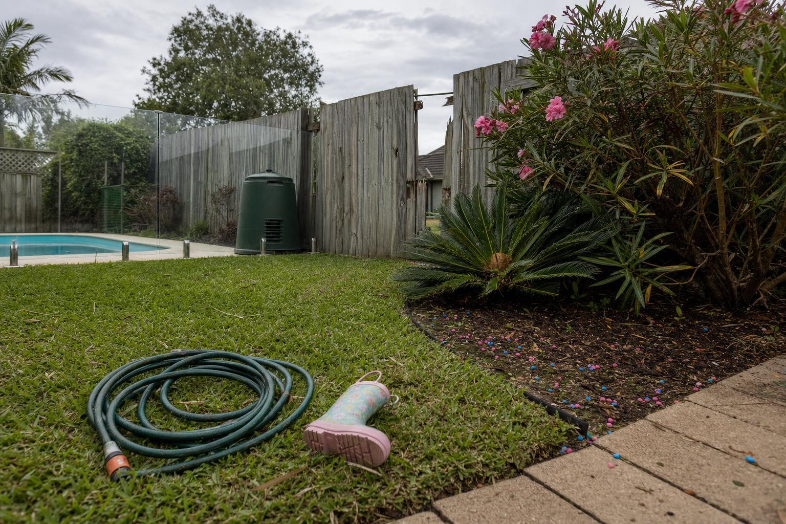 A typical Australian backyard, surveyed from puppy height. The most dangerous items are not the ones that look dangerous — they're the ones you've stopped noticing because they've been there for years.
