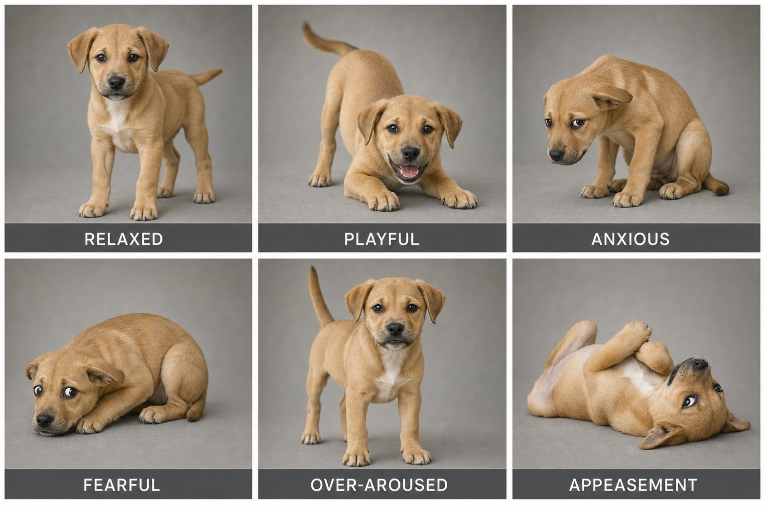 Six emotional postures in a single puppy, set side by side. Learning to discriminate between them is the most consequential skill you'll develop in this course.