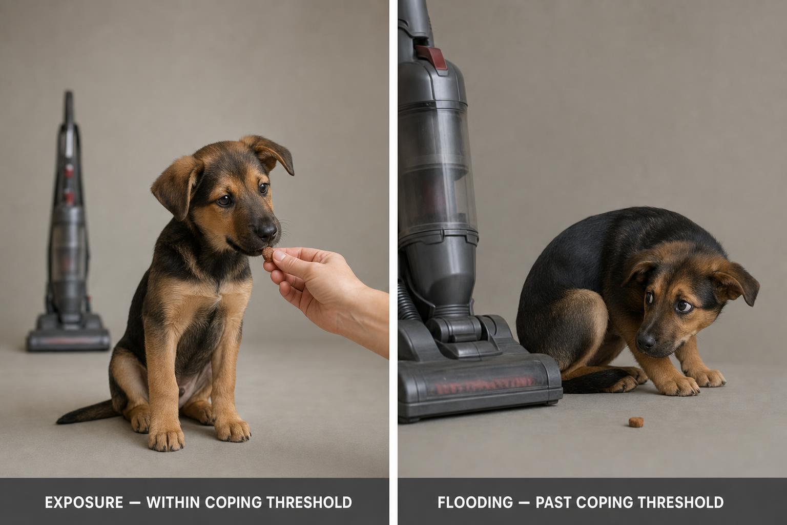Exposure and flooding can involve the very same stimulus. What separates them is the puppy's coping threshold — and your willingness to read it.