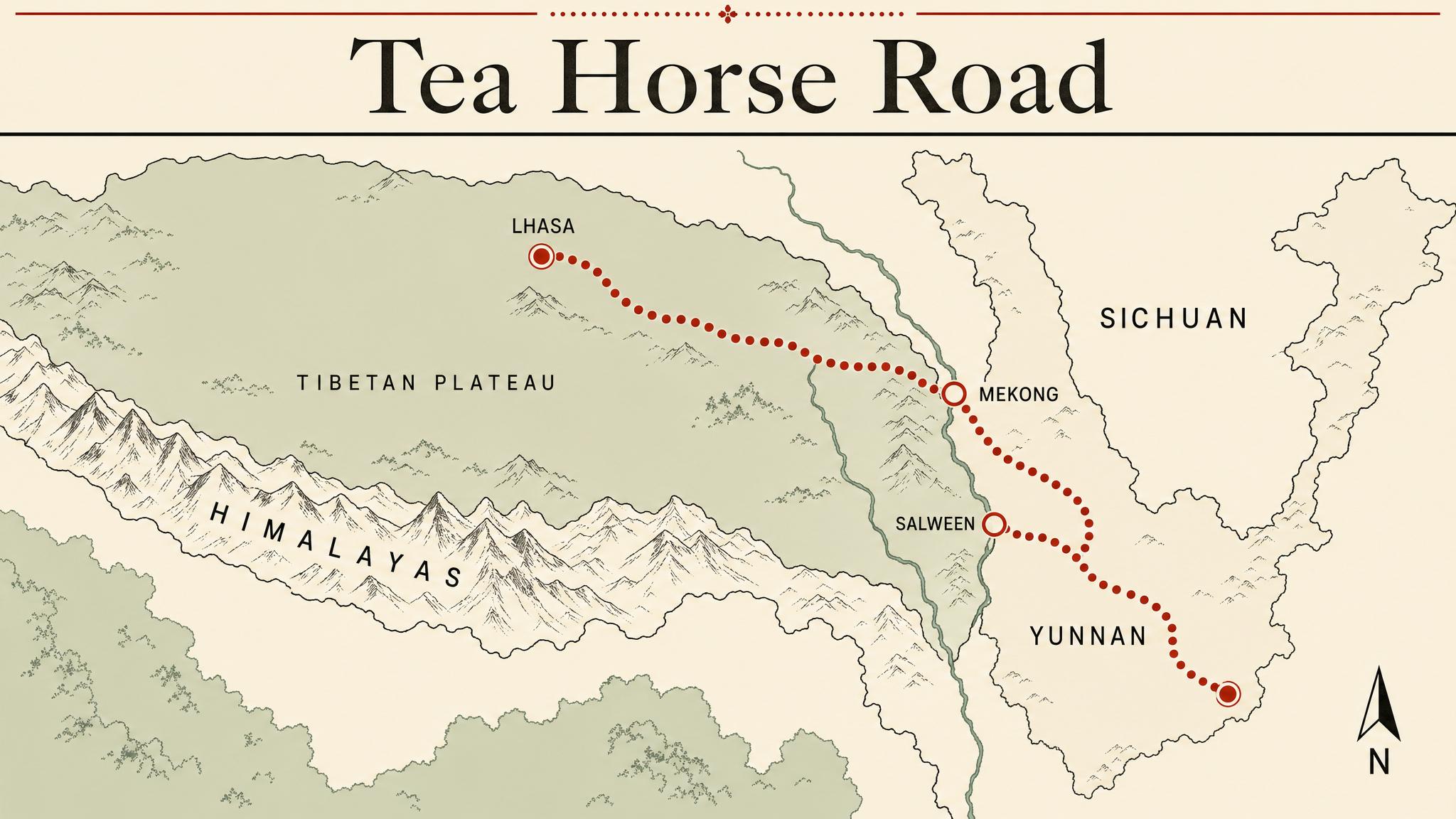 The Tea Horse Road carried compressed dark tea westward into Tibet for over a thousand years, in exchange for warhorses. Chemistry and geography decided the route: only microbially stable bricks could survive the months-long crossing.