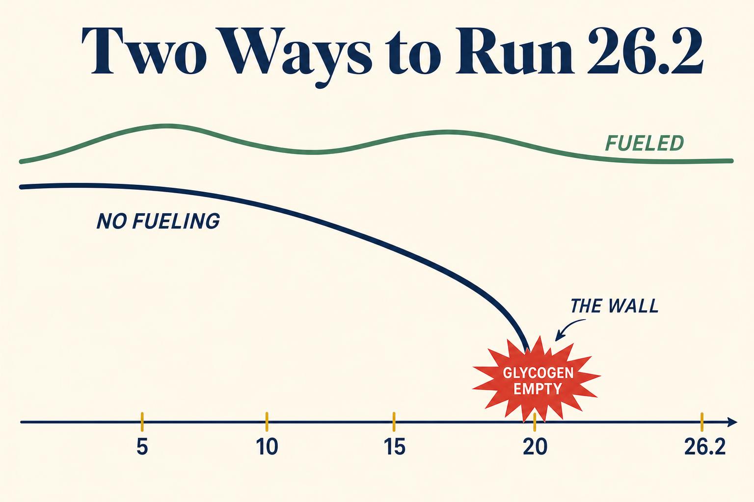 Two ways to run 26.2 miles. Without fueling, the glycogen tank empties around mile 20 and the pace collapses. With deliberate fueling during the race, the curve stays high and the wall never arrives.