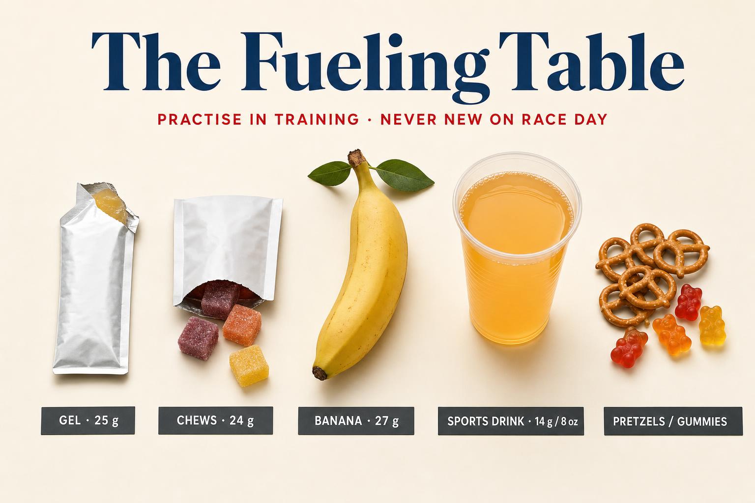 The fueling table. Five options named in this chapter, arranged with their carb counts per serving. The right pick is whatever your stomach has rehearsed.