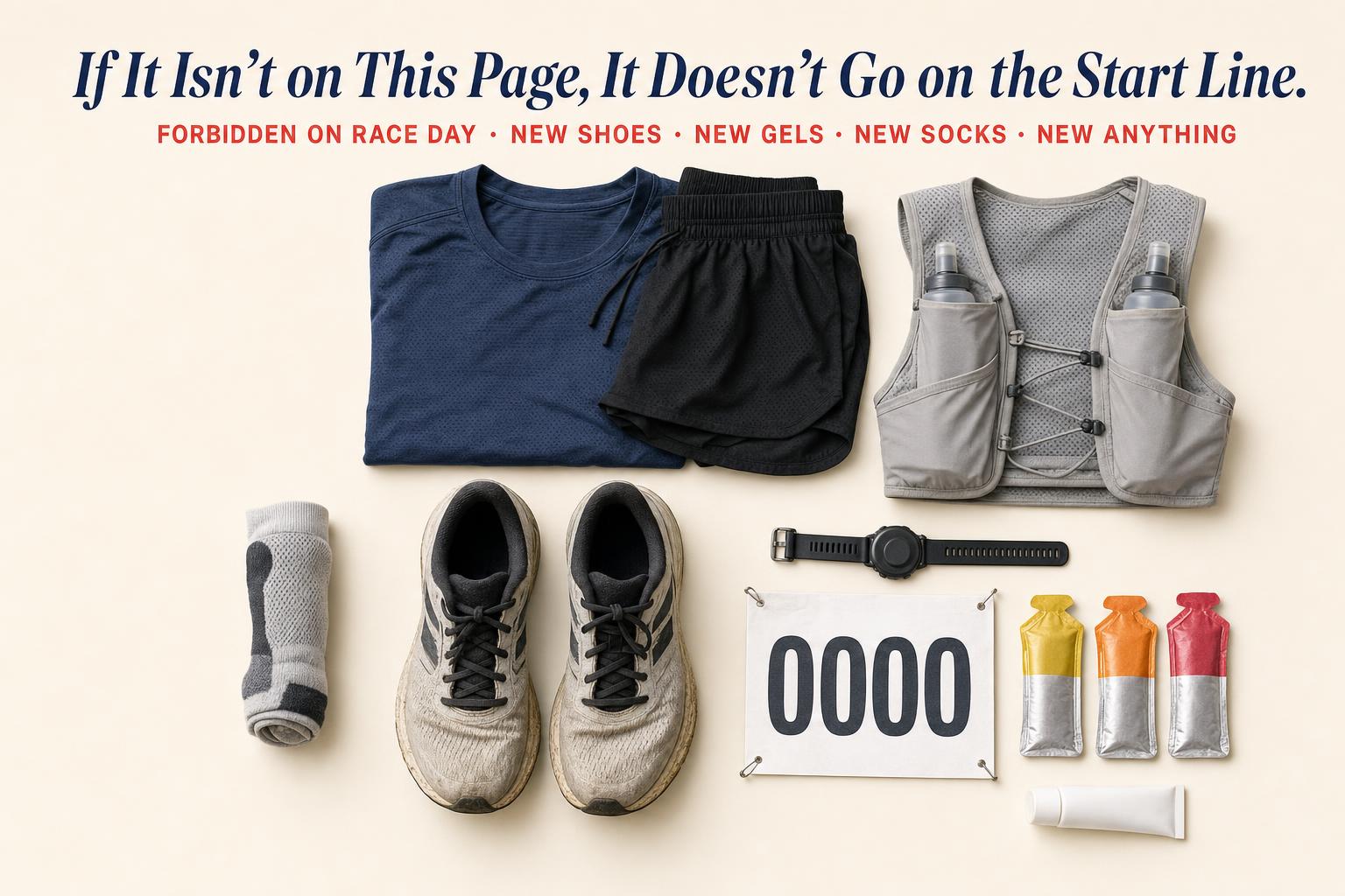 The race-morning flat-lay: every item already tested in training. Nothing new on the start line.