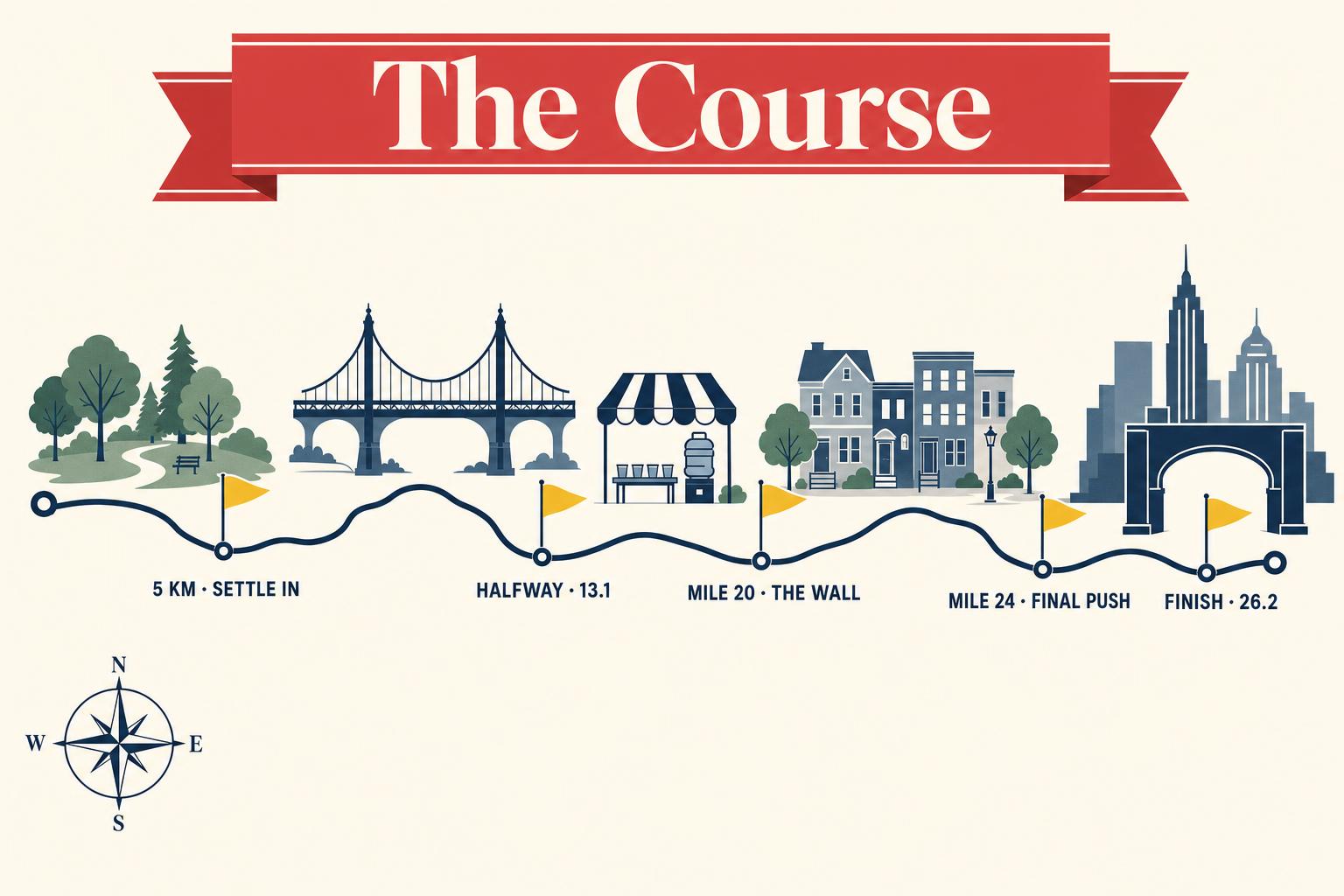The whole marathon, drawn as a textbook strip. Mustard-yellow flags mark the five waypoints that shape every race-day decision you'll make: 5K (settle in, do not race), halfway (you are nowhere near halfway by effort), mile 20 (the wall arrives), mile 24 (the brain decides the reward is close), and the finish (a banner, a medal, a small project called standing up). Notice that the bulk of the course is the quiet middle — the honest miles. That's where the training shows.